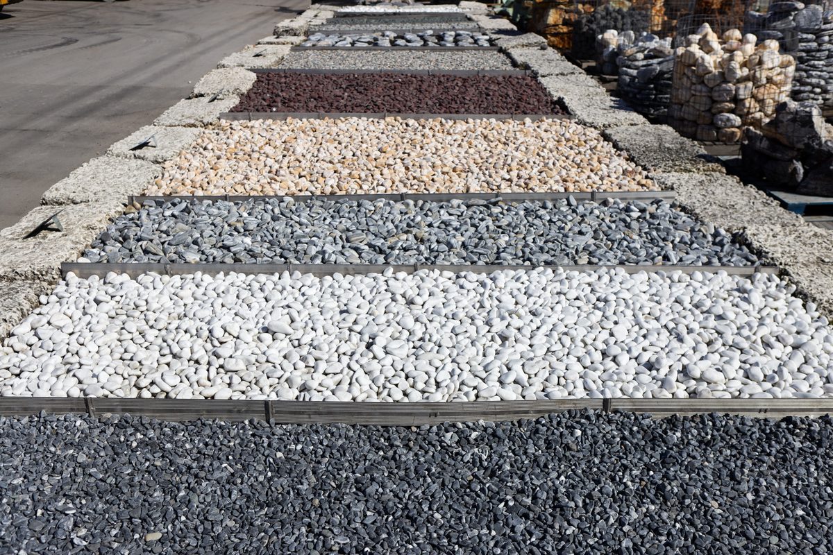 Rows of decorative stone in white, grey and black at the Olimar Stone yard