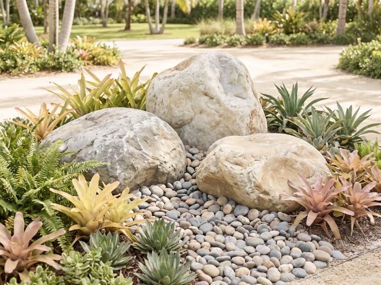 Landscape boulders set in a bed of river rock