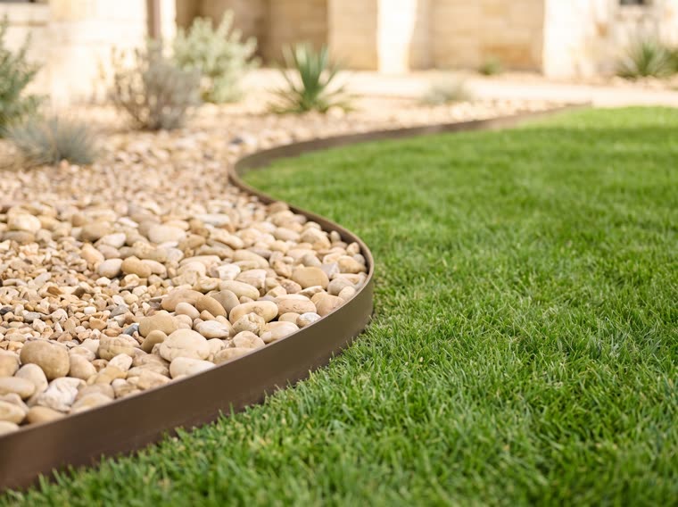 Landscape edging separating a gravel bed from lawn