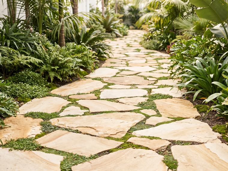 Walkway of irregular natural flagstone with groundcover in the joints