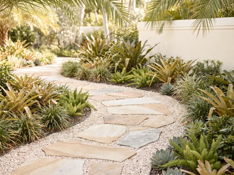 Natural stone stepping stone path through a garden