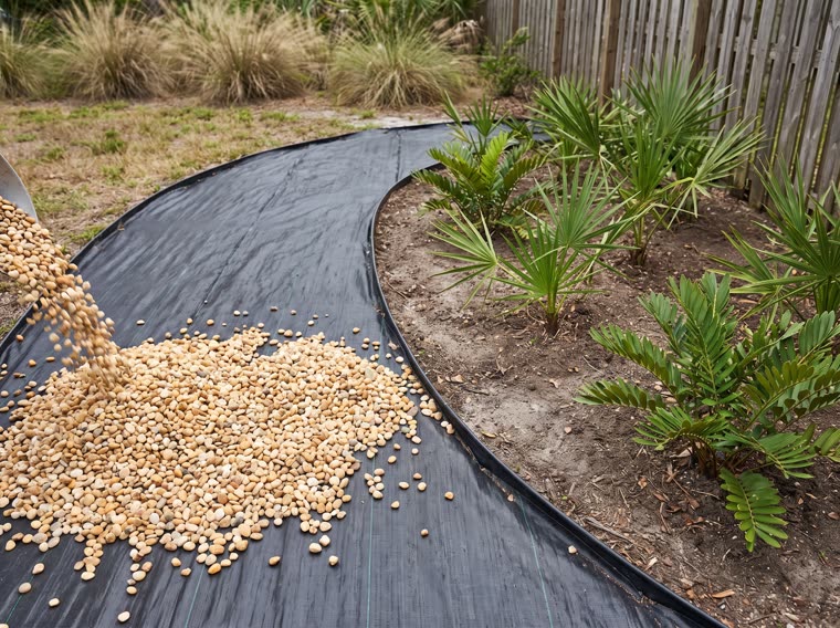 Weed barrier fabric being covered with decorative gravel